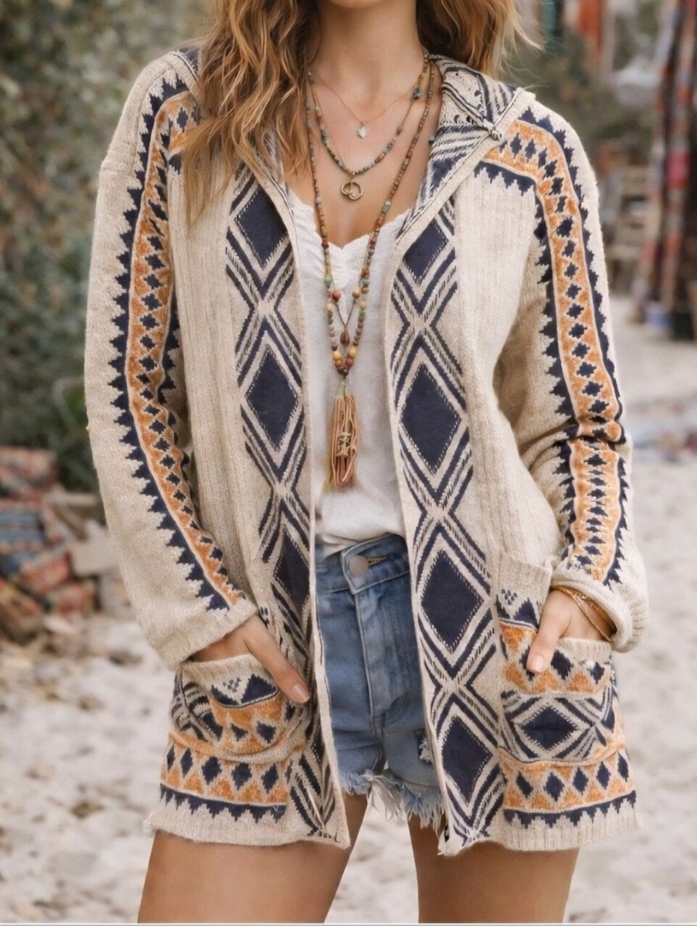 Lucky Brand Boho Knit Hooded Cardigan, Western, Coquette, Streetwear